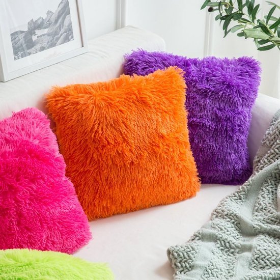 Set van 2 kussenhoezen, kunstbont, decoratief, knuffelbaar, voor bankkussen, pluche kussen, knuffelbaar bankkussen, super zacht, pluizige kussenhoezen voor bank, 45x45 cm, oranje.