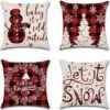Kussenhoezen set van 4 45 x 45 cm Linnen Decoratieve Kussenhoezen voor Landhuisstijl Decoratieve Kussen Tuin Buitenkussen Sofa Kussen (Kerst Sneeuwman)