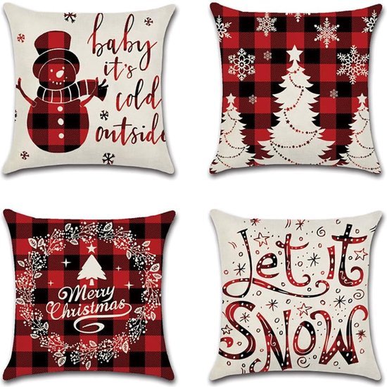 Kussenhoezen set van 4 45 x 45 cm Linnen Decoratieve Kussenhoezen voor Landhuisstijl Decoratieve Kussen Tuin Buitenkussen Sofa Kussen (Kerst Sneeuwman)