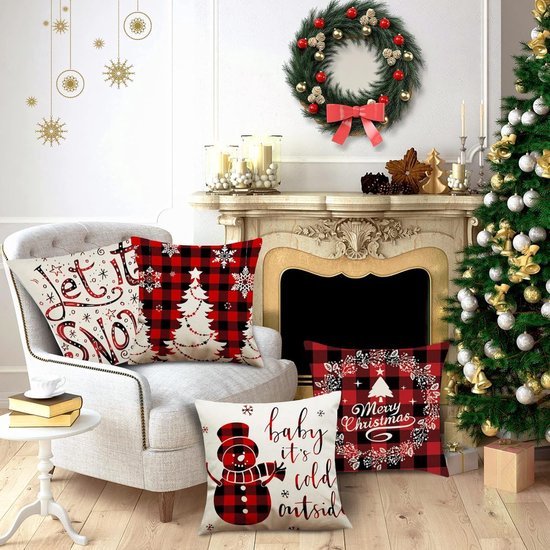 Kussenhoezen set van 4 45 x 45 cm Linnen Decoratieve Kussenhoezen voor Landhuisstijl Decoratieve Kussen Tuin Buitenkussen Sofa Kussen (Kerst Sneeuwman)