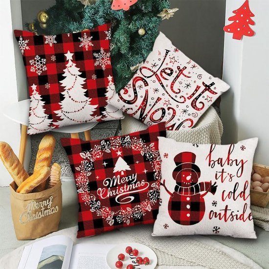 Kussenhoezen set van 4 45 x 45 cm Linnen Decoratieve Kussenhoezen voor Landhuisstijl Decoratieve Kussen Tuin Buitenkussen Sofa Kussen (Kerst Sneeuwman)