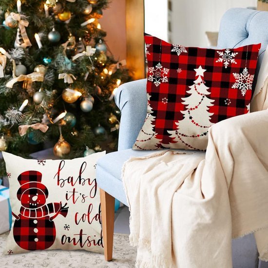 Kussenhoezen set van 4 45 x 45 cm Linnen Decoratieve Kussenhoezen voor Landhuisstijl Decoratieve Kussen Tuin Buitenkussen Sofa Kussen (Kerst Sneeuwman)