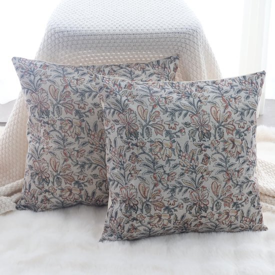 Unyqoos® Set van 2 vierkante linnen kussenhoezen met vintage bloemenpatroon