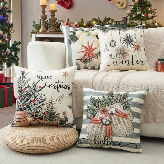 Unyqoos® Set van 4 decoratieve kerst kussenhoezen voor woonkamer en slaapkamer
