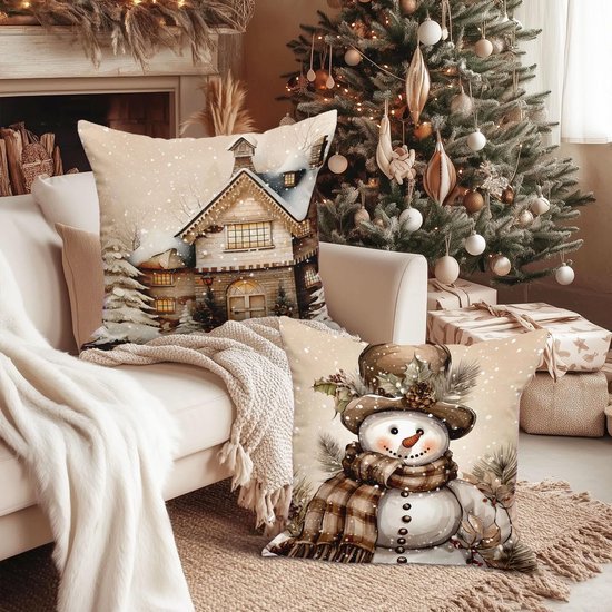 Unyqoos® Set van 4 kerstkussenhoezen met eland, sneeuwpop en kerstman ontwerp