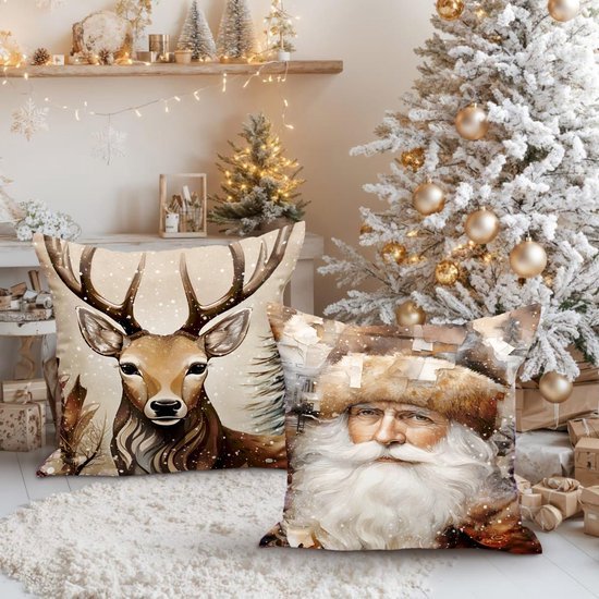 Unyqoos® Set van 4 kerstkussenhoezen met eland, sneeuwpop en kerstman ontwerp