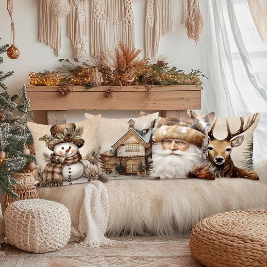 Unyqoos® Set van 4 kerstkussenhoezen met eland, sneeuwpop en kerstman ontwerp