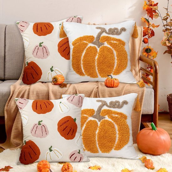 Unyqoos® Set van twee decoratieve kussenslopen met pompoenmotief voor herfst en Halloween