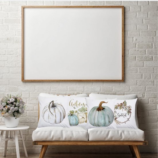 Unyqoos® Set van vier linnen kussenslopen met herfstmotieven en pompoenpatroon