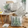 Unyqoos® Set van 4 linnenlook kerstkussenslopen met kerstboompatroon voor feestelijke sfeer