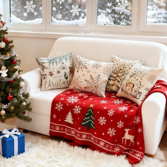 Unyqoos® Set van 4 decoratieve linnen kussenhoezen met kerstmotieven voor een feestelijke sfeer