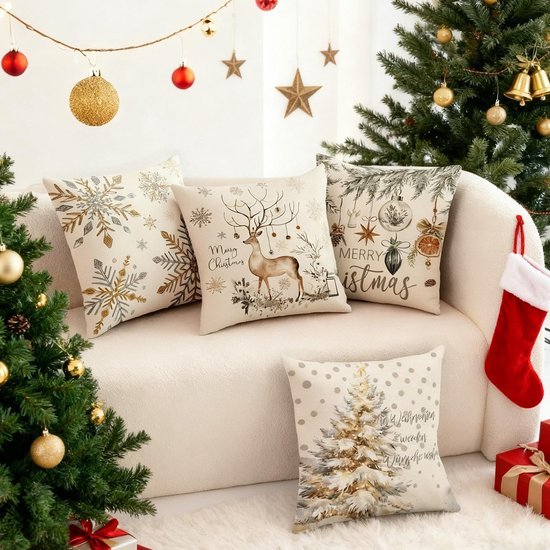 Unyqoos® Set van 4 decoratieve linnen kussenhoezen met kerstmotieven voor een feestelijke sfeer