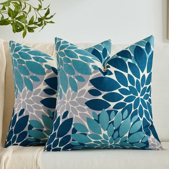 Unyqoos® Kussensloop met abstract bloemenpatroon in blauwgroen voor interieur en exterieur, set van 2, 45 x 45 cm