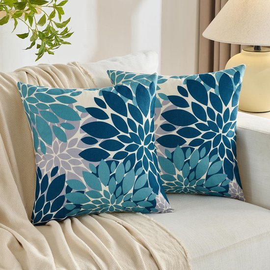 Unyqoos® Kussensloop met abstract bloemenpatroon in blauwgroen voor interieur en exterieur, set van 2, 45 x 45 cm