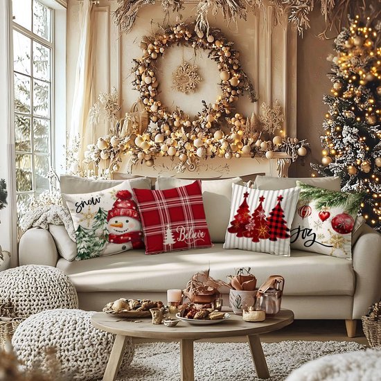 Unyqoos® Set van 4 Kerstkussenhoezen met Sneeuwpop en Plaid Motief voor Bank