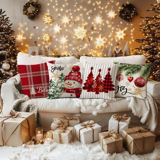 Unyqoos® Set van 4 Kerstkussenhoezen met Sneeuwpop en Plaid Motief voor Bank