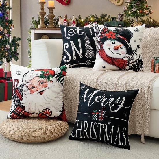 Unyqoos® Set van 4 kerstkussenhoezen met verborgen ritssluiting voor feestelijke sfeer