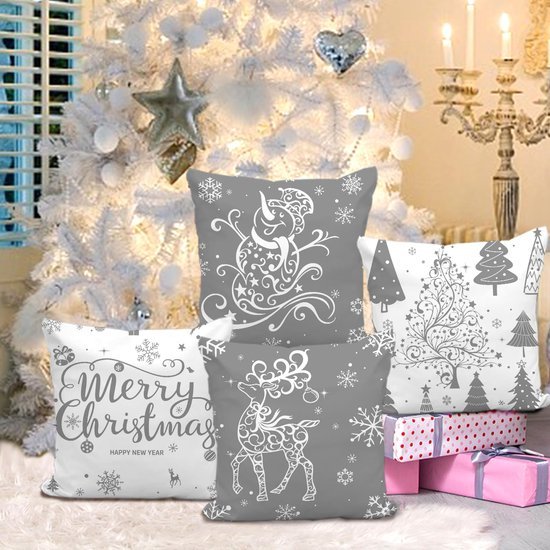 Unyqoos® Set van 4 decoratieve kussenhoezen met kerstmotieven voor feestelijke sfeer