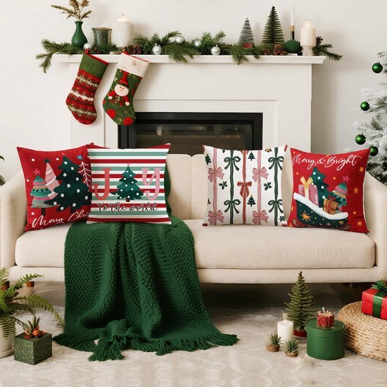 Unyqoos® Set van 4 decoratieve kerstkussenhoezen met winterse ontwerpen in rood