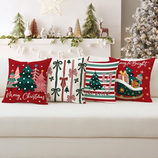 Unyqoos® Set van 4 decoratieve kerstkussenhoezen met winterse ontwerpen in rood