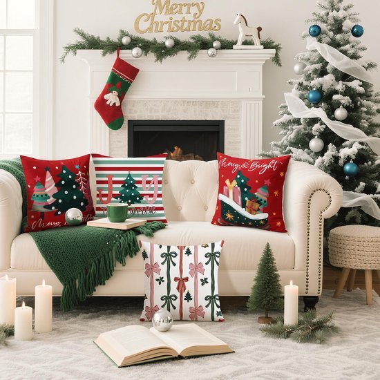 Unyqoos® Set van 4 decoratieve kerstkussenhoezen met winterse ontwerpen in rood