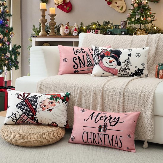 Unyqoos® Set van 4 decoratieve kerstkussenhoezen met sneeuwpop en kerstman motief