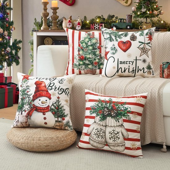 550x550-41553.jpg Unyqoos® Set van 4 feestelijke kussenhoezen met sneeuwpopmotief voor gezellige kerstdecoratie