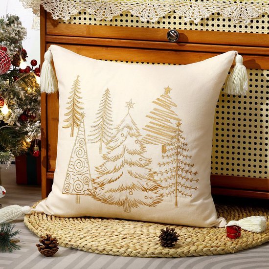 Unyqoos® Decoratieve kerstkussenhoes met borduurwerk en kwastjes voor sfeervol interieur