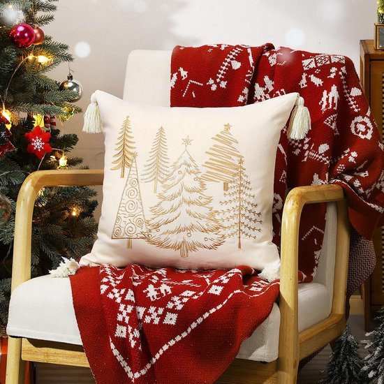Unyqoos® Decoratieve kerstkussenhoes met borduurwerk en kwastjes voor sfeervol interieur