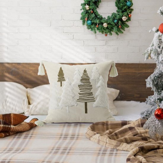 Unyqoos® Decoratieve kerstkussenhoes met borduurwerk en kwastjes voor feestelijke sfeer