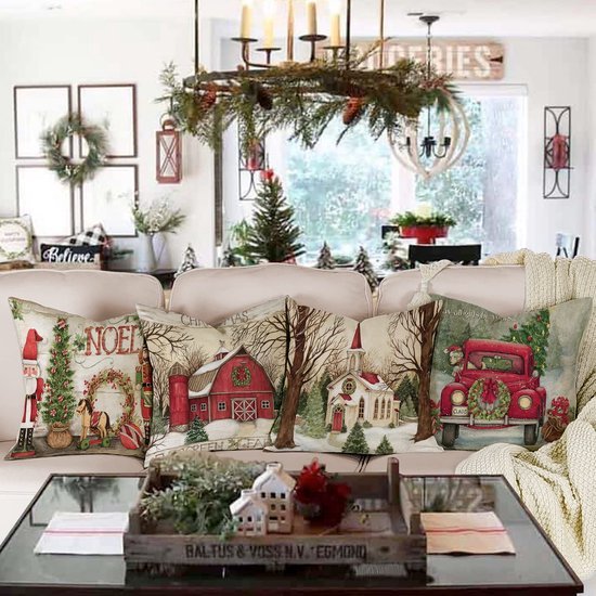 Unyqoos® Set van 4 linnen kussenslopen voor sfeervolle kerstdecoratie in huis