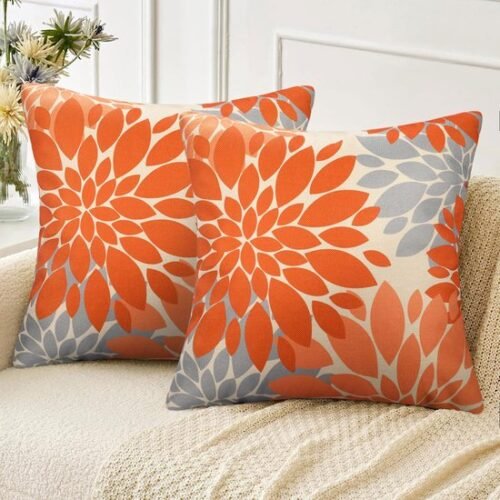 550x550-41770.jpg Unyqoos® Set van 2 decoratieve kussenhoezen 45x45 cm in oranje en grijs met dahlia ontwerp
