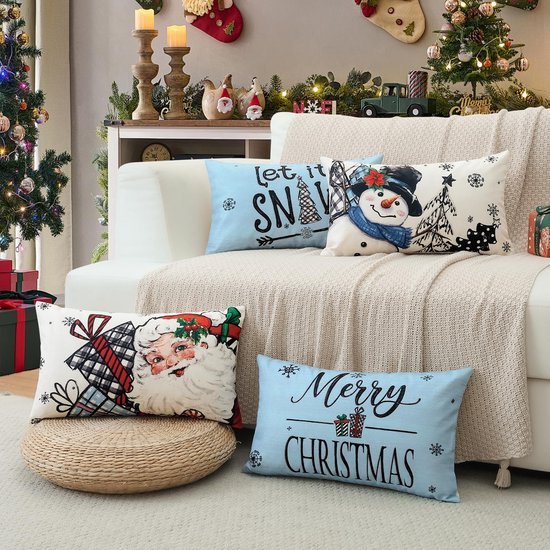 Unyqoos® Set van Vier Kerst Kussenhoezen met Sneeuwpop en Kerstman Design voor Thuisdecoratie