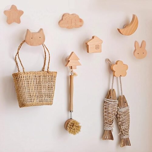 Unyqoos® Kinderkapstok Haken – Set van 8 – Cartoon Design – Zelfklevend & Spijkerbaar – Massief Hout – Wandhaken voor Kleding, Accessoires & Decor – Kindvriendelijk & Decoratief