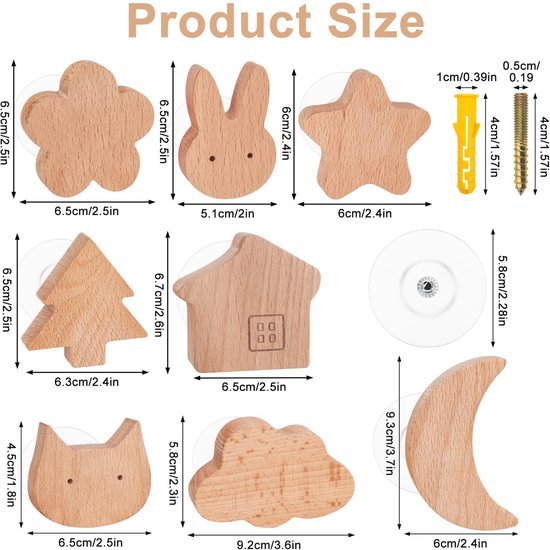 Unyqoos® Kinderkapstok Haken – Set van 8 – Cartoon Design – Zelfklevend & Spijkerbaar – Massief Hout – Wandhaken voor Kleding, Accessoires & Decor – Kindvriendelijk & Decoratief