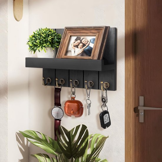 Unyqoos® Decoratieve houten wandplank met sleutelrek en opbergruimte voor elke kamer