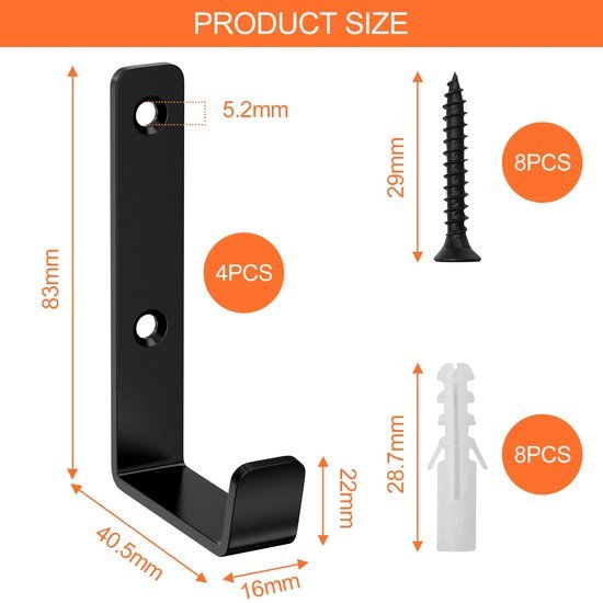 Unyqoos® Zwarte roestvrijstalen wandhaken set van 4 voor veelzijdig gebruik met hoog draagvermogen