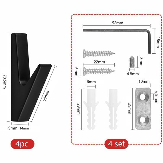 Unyqoos® Garderobenhaken Set van 4 Stuks in Zwarte Matte Afwerking voor Diverse Ruimtes