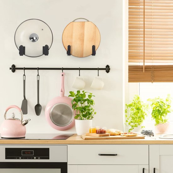550x550-43720.jpg Unyqoos® Set van 4 Roestvrij Stalen Wandgemonteerde Pannendekselhouders met Zelfklevende Bevestiging