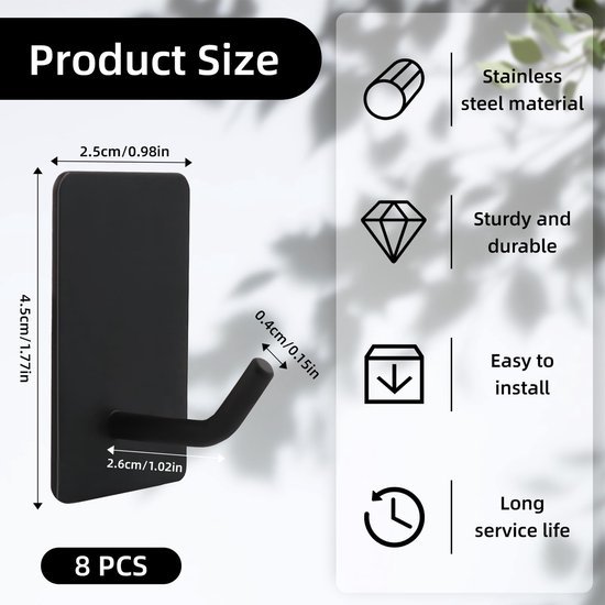 550x550-43726.jpg Unyqoos® Set van 8 zwarte zelfklevende haken voor diverse ruimtes zonder boren