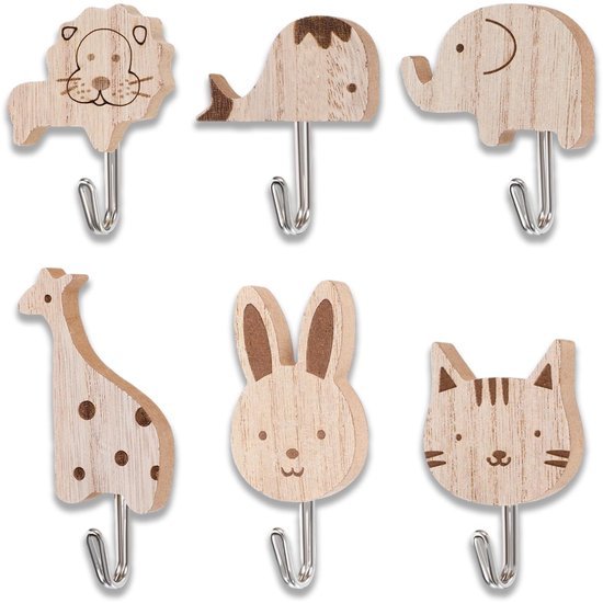 Unyqoos® Set van zes houten diermotief kledinghaken voor kinderkamerdecoratie