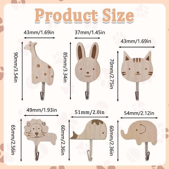 Unyqoos® Set van zes houten diermotief kledinghaken voor kinderkamerdecoratie