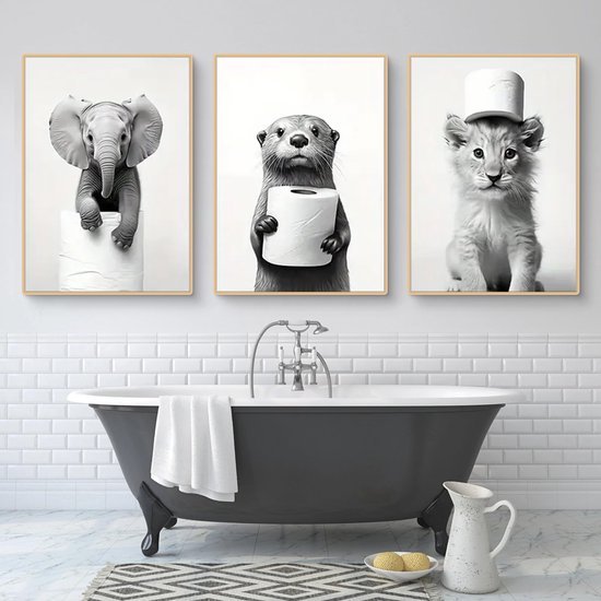 Unyqoos® Set van drie grappige zwart-wit posters voor badkamer en toilet decoratie