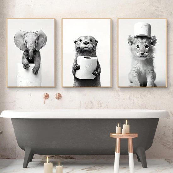Unyqoos® Set van drie grappige zwart-wit posters voor badkamer en toilet decoratie