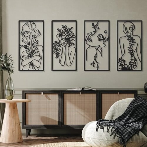 Unyqoos® Set van vier moderne metalen wanddecoraties met abstract vrouwelijk design