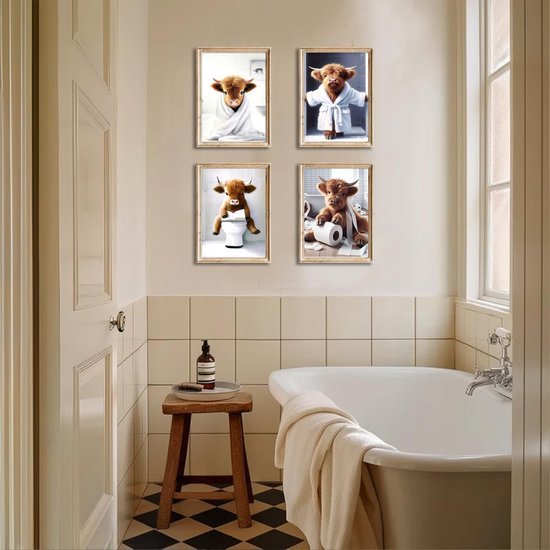 Unyqoos® Grappige Badkamer Wanddecoratie Schotse Hoogland Koeien Canvas A4 Formaat