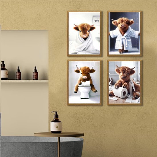 Unyqoos® Grappige Badkamer Wanddecoratie Schotse Hoogland Koeien Canvas A4 Formaat