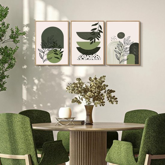 Unyqoos® Set van drie ingelijste boho wanddecoraties met abstracte natuurmotieven