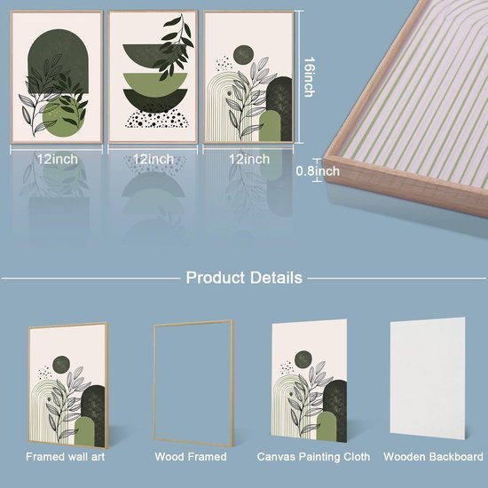 Unyqoos® Set van drie ingelijste boho wanddecoraties met abstracte natuurmotieven