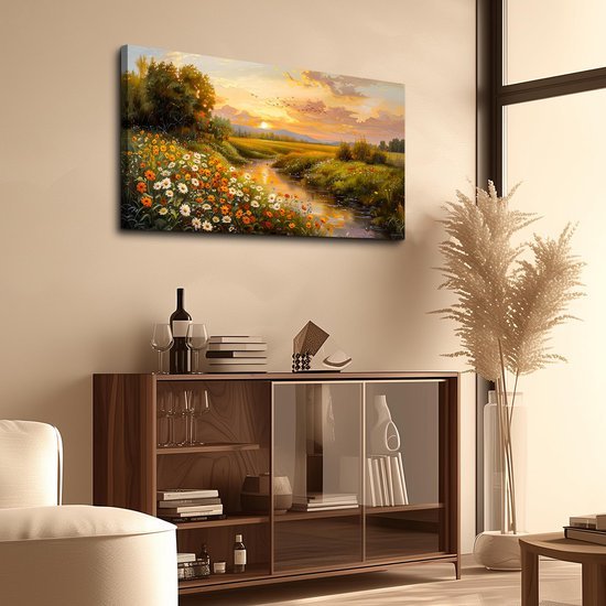 Unyqoos® Landschapskunst Rivier Canvas Schilderij met Levendige Kleuren en Tijdloze Elegantie voor Interieurdecoratie